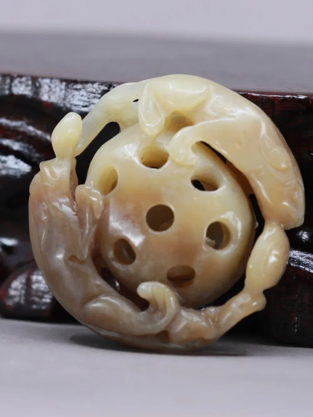 Openwork Chinese Brown Sugar Hetian Jade Pendant w Foo Dog & Ball